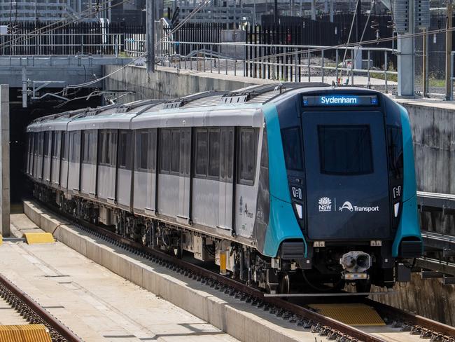 Sydney Metro City and Southwest train TS5 leaves the tunnel at the southern dive during testing.