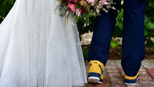 Jason had shoes specially made for the day, with the date of his and Sarah’s wedding etched on the heel. Picture: Bianca De Marchi