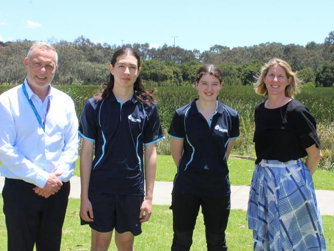 College Dux Albert Van Der Kaap and VCE VM Dux Kayla Jennison with College Principal Tony Roberts and Assistant Principal (10-12) Jacqui Telford