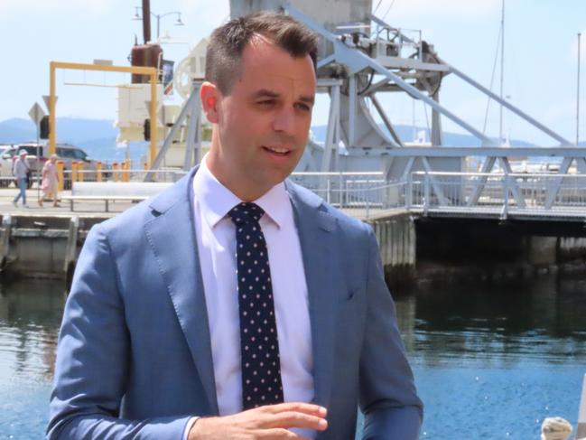 Labor's Josh Willie speaks to the media on the Hobart waterfront on Tuesday, January 21, 2025.