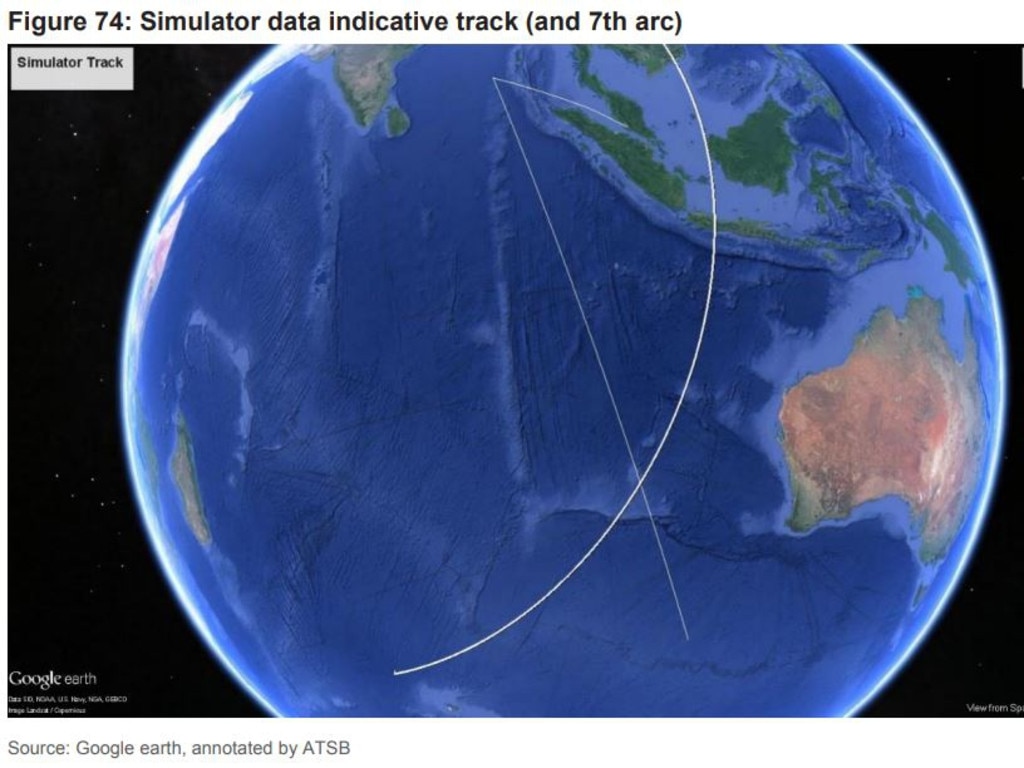 The two lines meet at the seventh arc, the spot where investigators believe MH370 likely entered the southern Indian Ocean off Western Australia. Picture: Google earth, annotated by ATSB