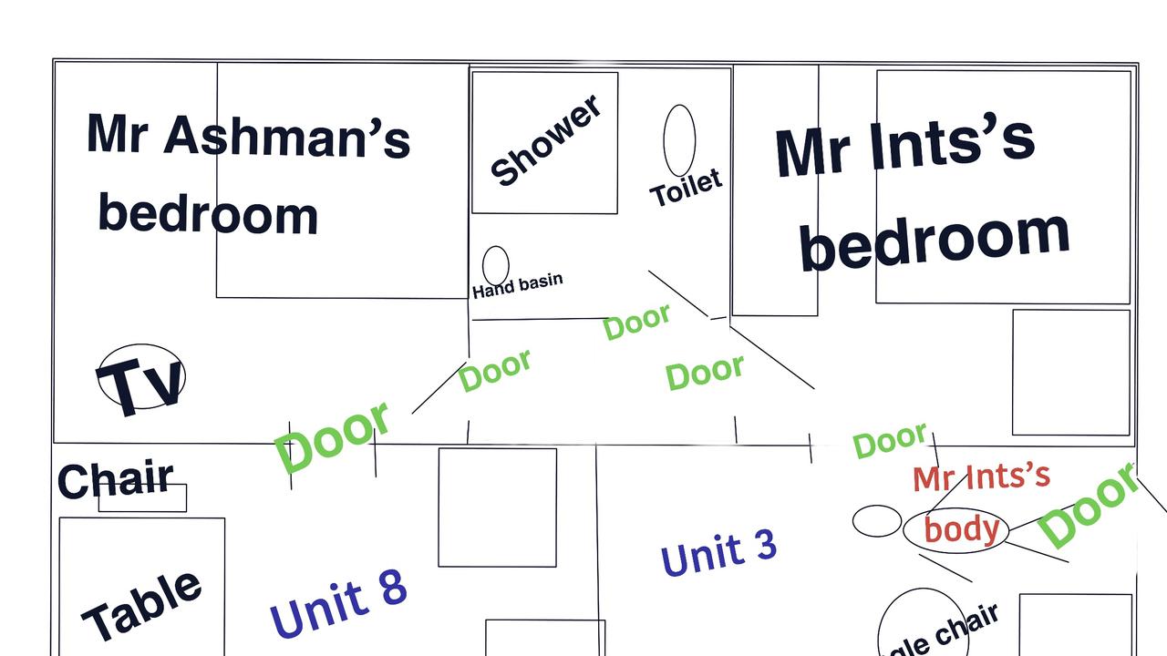 Not to scale diagram of the layout of the Cambridge Street, Granville, unit complex murder scene drawn from diagrams shown in court in the accused murderer Jake Scott Ashman's trial in the Supreme Court in Rockhampton.