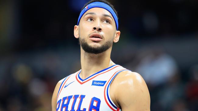 INDIANAPOLIS, IN - JANUARY 17: Ben Simmons #25 of the Philadelphia 76ers watches the action against the Indiana Pacers at Bankers Life Fieldhouse on January 17, 2019 in Indianapolis, Indiana. NOTE TO USER: User expressly acknowledges and agrees that, by downloading and or using this photograph, User is consenting to the terms and conditions of the Getty Images License Agreement.   Andy Lyons/Getty Images/AFP == FOR NEWSPAPERS, INTERNET, TELCOS & TELEVISION USE ONLY ==