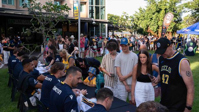 The Parramatta Eels meet with fans for a signing session at the Darwin Waterfront. Fans Picture: Pema Tamang Pakhrin