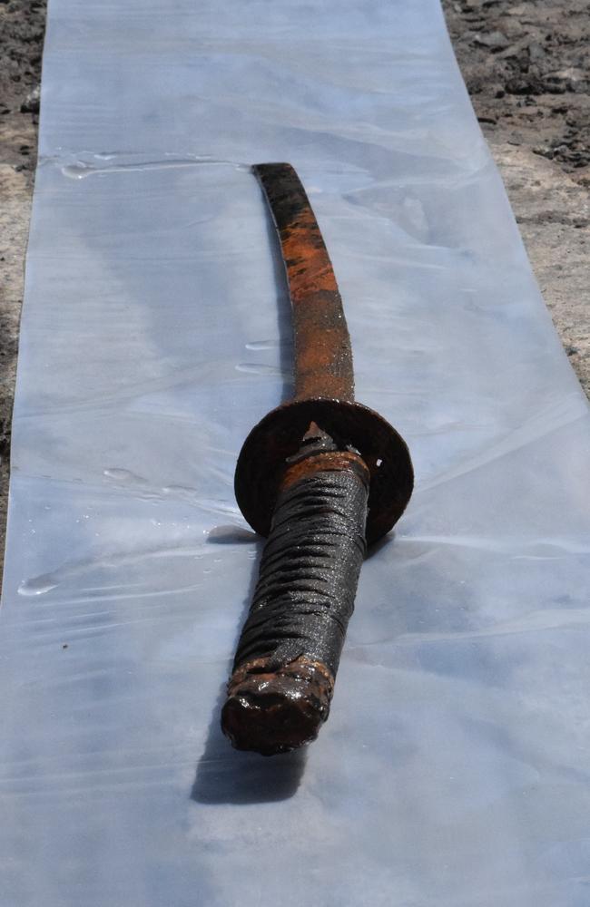 The sword used in the murder of Tyrone Michael Baynton on October 2015. Photo: Emily Smith / The Daily Mercury.