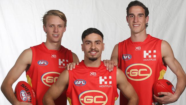 Gold Coast’s prized 2018 first-round draft picks, from left, Jack Lukosius, Izak Rankine and Ben King. Picture: MICHAEL KLEIN.