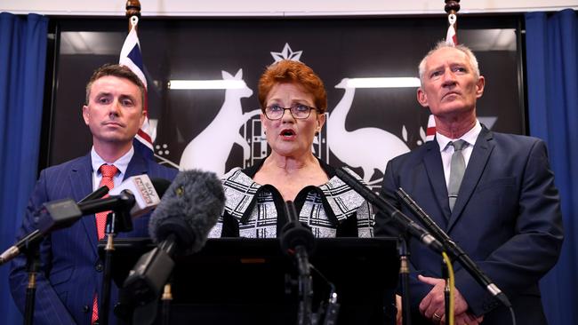 Hanson with James Ashby and Steve Dickson, after they were caught in an al-Jazeera investigation which used hidden cameras and a journalist posing as a gun campaigner to expose the far-right party's extraordinary efforts to obtain funding in Washington DC.