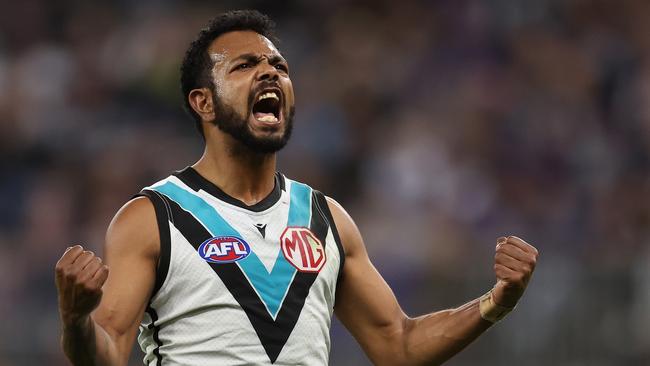 PERTH, AUSTRALIA - AUGUST 25: Willie Rioli of the Power celebrates after scoring a goal during the 2024 AFL Round 24 match between the Fremantle Dockers and the Port Adelaide Power at Optus Stadium on August 25, 2024 in Perth, Australia. (Photo by Will Russell/AFL Photos via Getty Images)