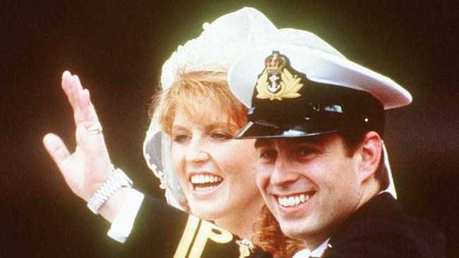 Prince Andrew and Sarah, Duchess of Yor,k waving after their wedding in 1986.