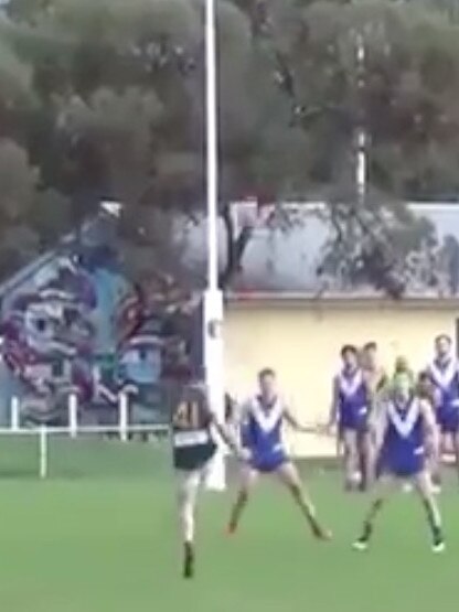 Travis McIntyre kicks on the siren against Athelstone. Source: Filming Footy