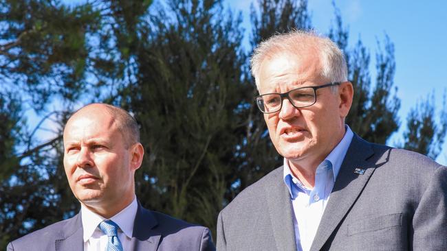 Treasurer Josh Frydenberg and Prime Minister Scott Morrison in Tasmania. Picture: Alex Treacy