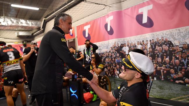 Ivan and Nathan Cleary celebrate in the change rooms after their win over Parramatta in the 2022 grand final. Picture: NRL Photos/Gregg Porteous