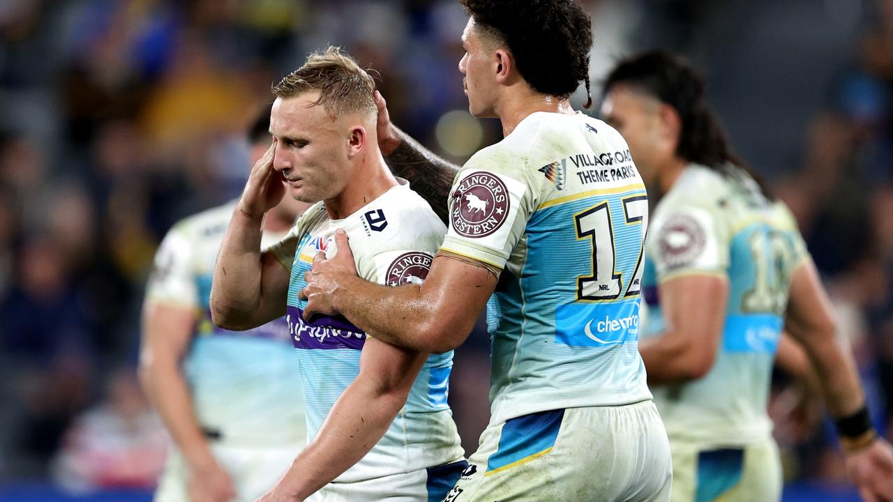 The NRL says the Titans should have been awarded a penalty goal after Tanah Boy’s field goal attempt was charged down by a player in an offside position. Picture; Brendon Thorne/Getty Images