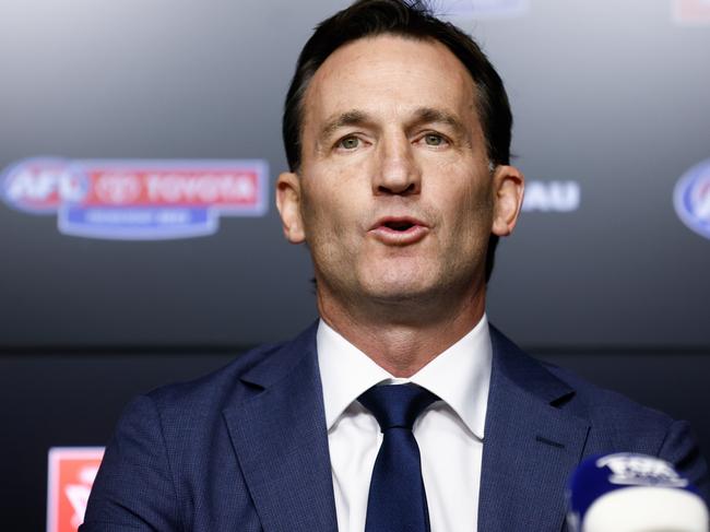 MELBOURNE, AUSTRALIA - MAY 01: Incoming CEO Andrew Dillon speaks with media during the AFL CEO Announcement at Marvel Stadium on May 01, 2023 in Melbourne, Australia. (Photo by Michael Willson/AFL Photos via Getty Images)