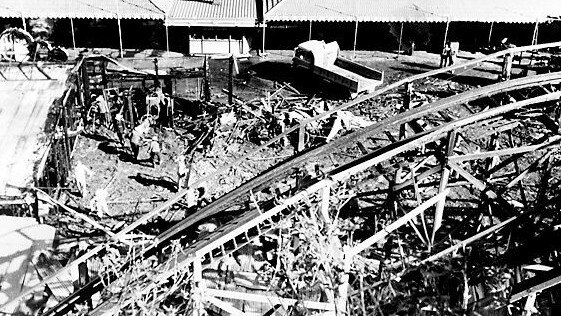 An aerial view of the damage following the fire on the Ghost Train ride at Luna Park in 1979. Picture: Fire Australia's First Century Historical