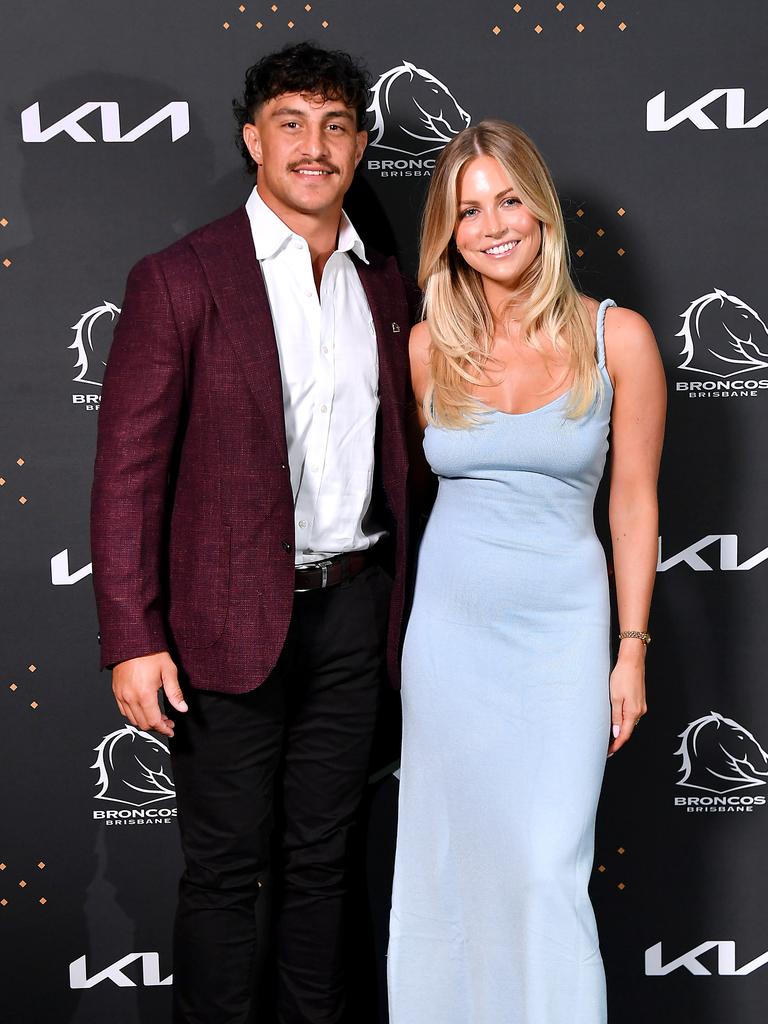 Kotoni Staggs and Brittany Becht at the Broncos’ 2025 season launch at The Star Brisbane. Picture: John Gass