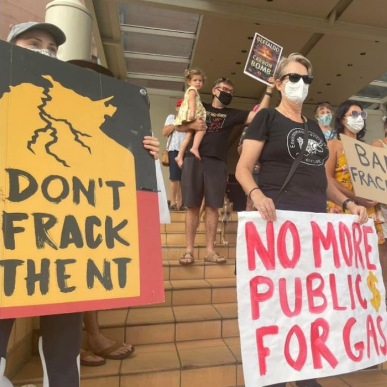 Anti-fracking protesters gathered outside the Double Tree Hilton, Darwin as Resources Minister Keith Pitt announced an exploration grant agreement giving $19.4m to Imperial Oil and Gas on Tuesday, February 22.