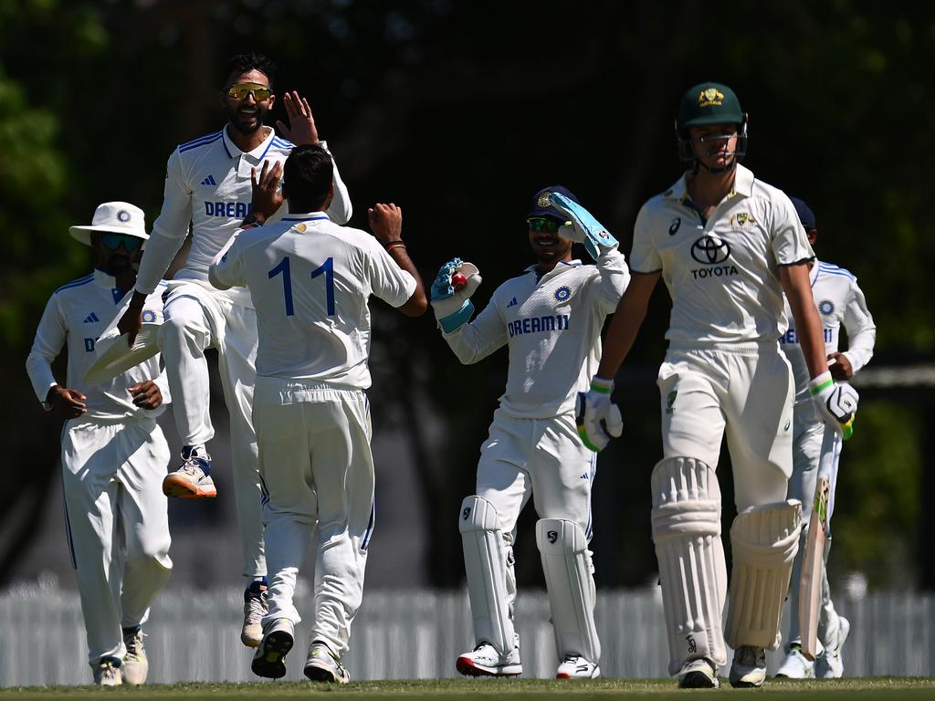 India A celebrate the wicket of Sam Konstas for a three-ball duck. Picture: Getty Images