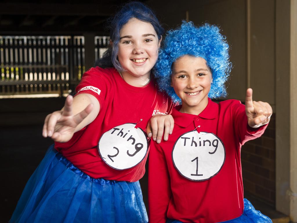 Anna Liebke (left) as Thing 2 and Georgia Payne as Thing 1 for Book Week at Rangeville State School, Friday, August 25, 2023. Picture: Kevin Farmer