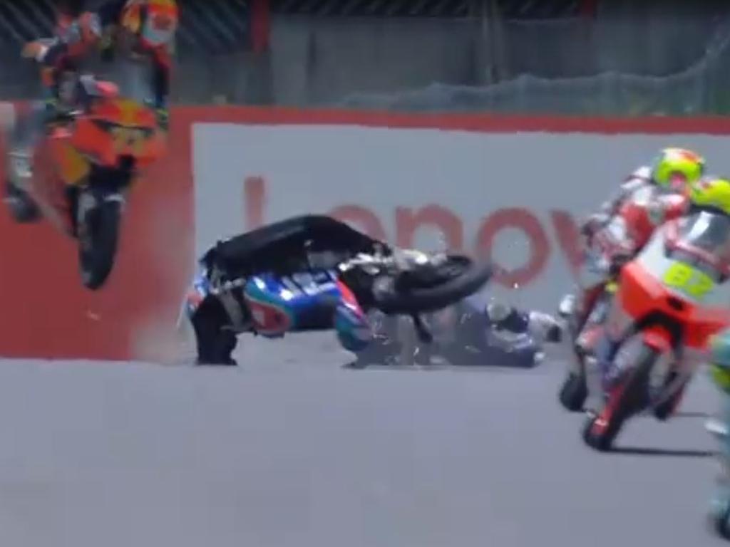 The moment Jason Dupasquier collided with another rider.