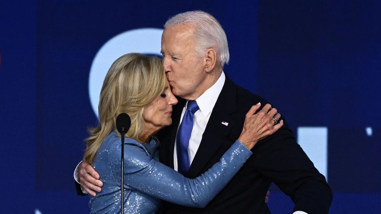 US President Joe Biden kisses his wife First Lady Jill Biden after he gave the keynote address on the first day of the Democratic National Convention. Picture: AFP