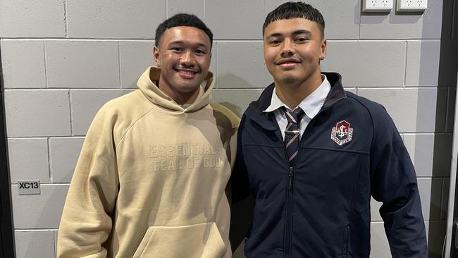 Xzavier Timoteo, right, and Ipswich SHS past student Kulikefu Finefeuiaki, left, at Tuesday night’s Ipswich SHS rugby league season launch.