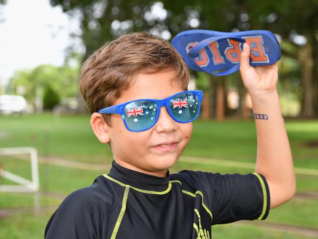 Australia Day celebrations in Maryborough - 9 yr old Zavier Maslen from Maryborough warms up for the thong throwing.Photo: Alistair Brightman