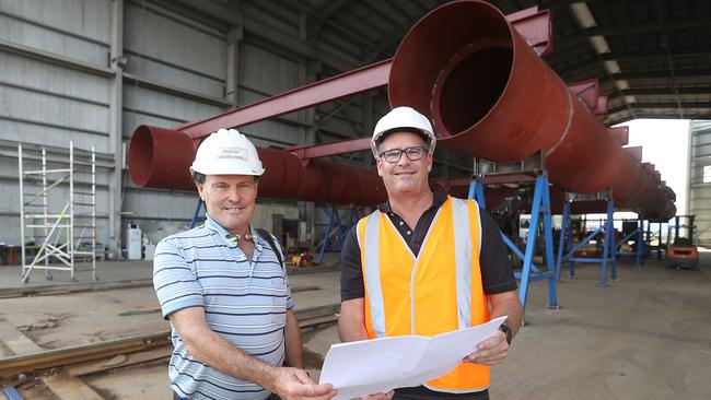 English Engineering director Pat English and Experience Co Great Barrier Reef general manager Adam Jones oversee construction of the Dreamtime Island reef pontoon at the Austal shipyard in Portsmith. Picture: Stewart McLean