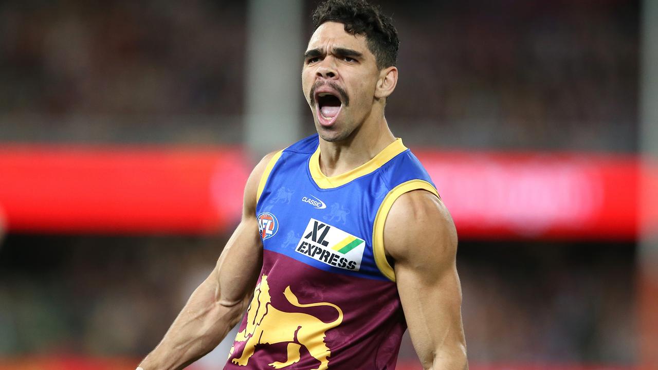 BRISBANE, AUSTRALIA - SEPTEMBER 04: Charlie Cameron of the Lions celebrates a goal during the AFL 1st Semi Final match between Brisbane Lions and the Western Bulldogs at The Gabba on September 04, 2021 in Brisbane, Australia. (Photo by Jono Searle/AFL Photos/via Getty Images)