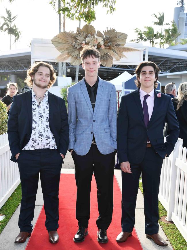 Spencer Sullivan, Zachary Jones, and Joao Madeira at the 2023 Caloundra State High School Year 12 formal. Picture: Patrick Woods.