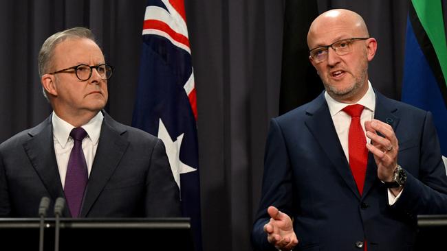 Prime Minister Anthony Albanese, left, and ASIO Director-General Mike Burgess speak during a press conference at Parliament House. Picture: AAP