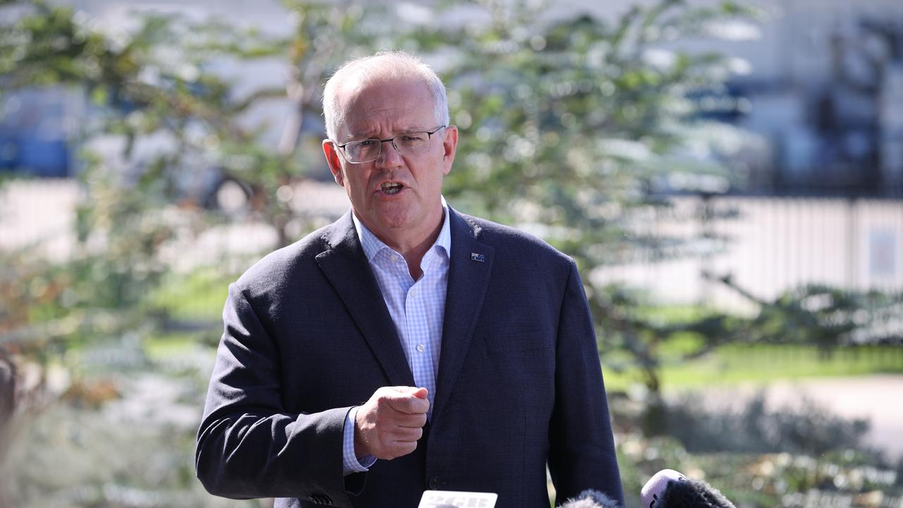 Prime Minister Scott Morrison speaks ahead of a flight to Sydney. Picture: Jason Edwards