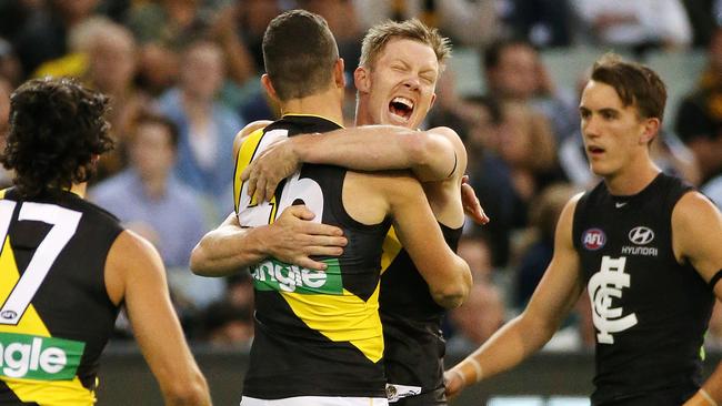 Jack Riewoldt is thrilled after Jason Castagna kicked a goal in Round 1 against Carlton. Picture: George Salpigtidis