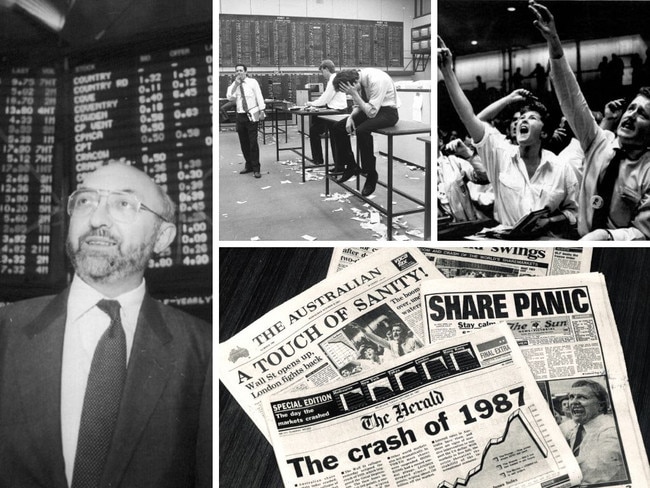 Clockwise from top left: A younger Terry McCrann, Melbourne stock market in 1987, how the papers covered the 1987 crash and Sydney stock exchange in the 1980s.