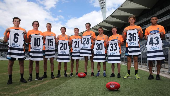 Geelong draftees (from left) Jordan Clark, Ben Jarvis, Nathan Kreuger, Oscar Brownless, Jacob Kennerely, Darcy Fort, Tom Atkins, Jake Tarca, Blake Schlensog and Stefan Okunbor. Picture: Peter Ristevski