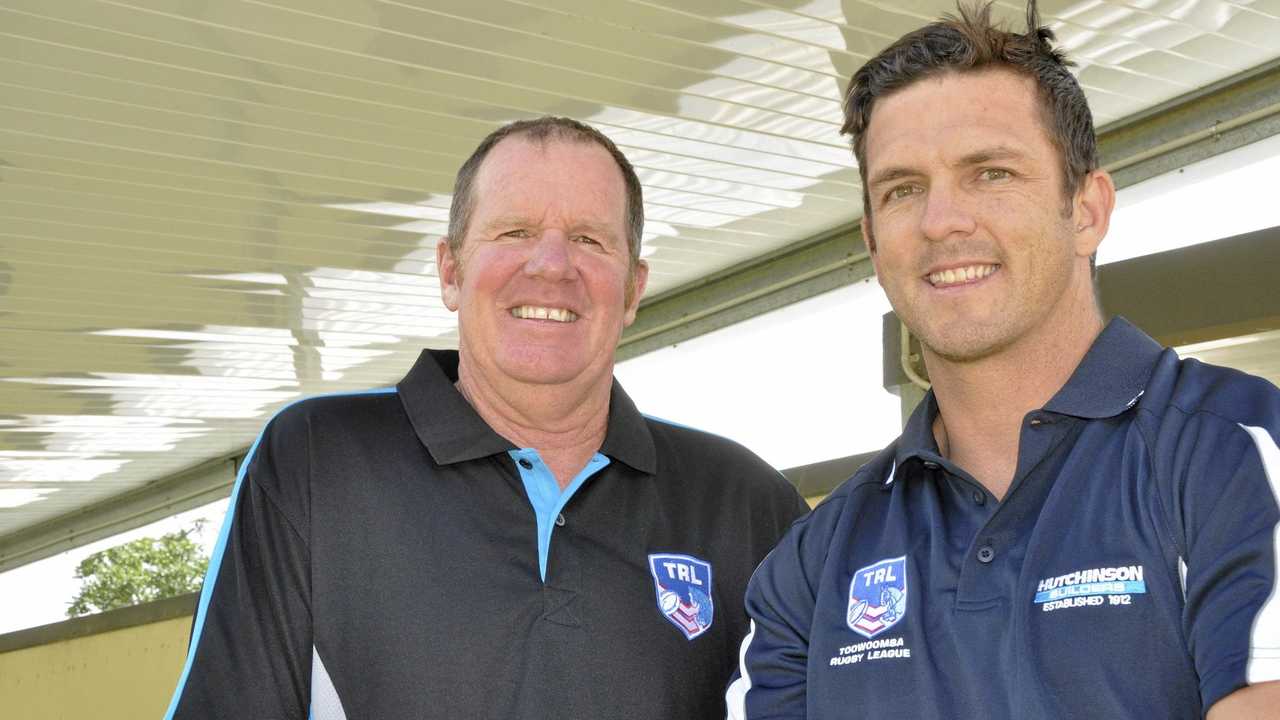 TRL representative program head Len Currie (left) discusses upcoming fixtures with new Clydesdales coach Ned Murphy. Picture: Jason Gibbs