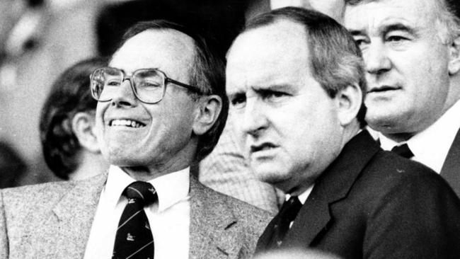 Future Prime Minister John Howard and Alan Jones watch the Australia v France World Cup semi-final in 1987.