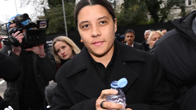 Australian footballer Sam Kerr arrives outside the Kingston Crown Court ahead of her trial for racial harassment. Picture: Getty Images.