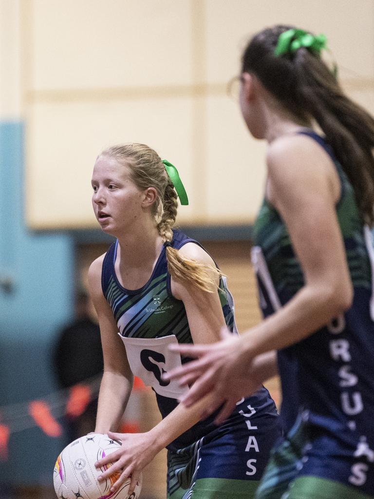 Ali Murray of St Ursula's Senior B against Downlands Second VII in Merici-Chevalier Cup netball at Salo Centre, Friday, July 19, 2024. Picture: Kevin Farmer