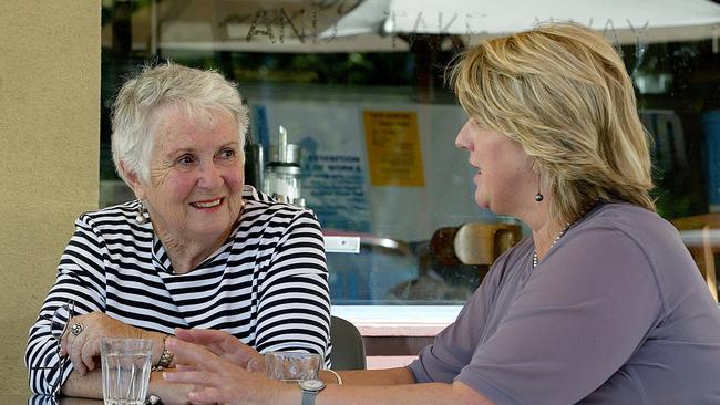 Food Portrait from left Margaret Fulton with Judith Sweet enjoy a discussion and a drink at Salamanca Place