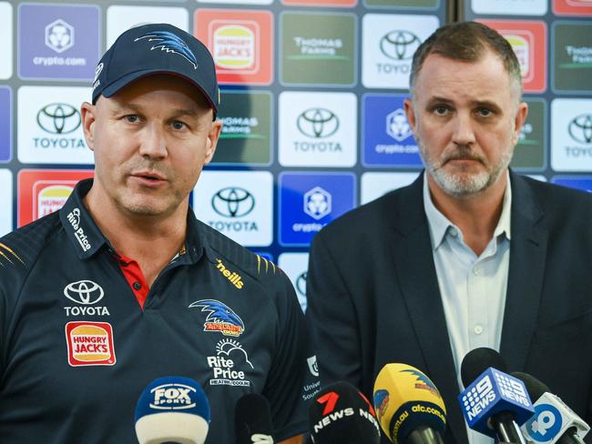 Coach of the Crows Matthew Nicks and CEO Tim Silvers speak to media during a press conference announcing Matthew Nicks re-signing as coach for the next three years ,Thursday,March,21,2024.Picture Mark Brake