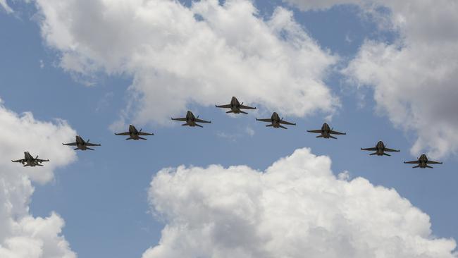 A flyover of RAAF Base Tindal by eight No 75 Squadron F/A-18 Hornets … Prime Minister Scott Morrison will today announce a $270 billion cash splash that will fund major upgrades to the base