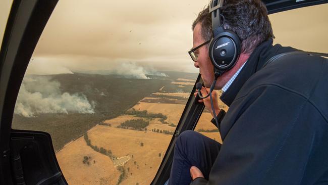 Premier Daniel Andrews surveys the East Gippsland fires earlier this month. Picture: Jason Edwards