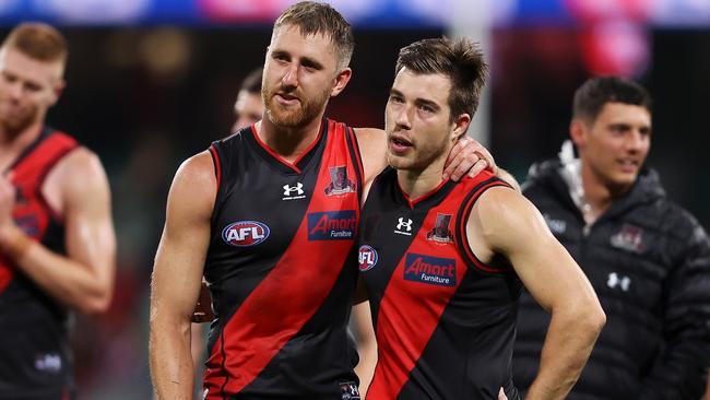 Dyson Heppell and Zach Merrett after the loss to the Swans. Picture: Mark Kolbe/Getty Images