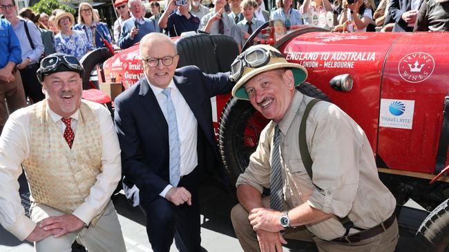 MELBOURNE, AUSTRALIA- NewsWire Photos JANUARY 31, 2025: Warren Brown and Matthew Benns from The Daily Telegraph arriving in Melbourne after recreating Francis Birtles' 1927 journey from London to Melbourne in the Bean open-top sports car. They were met by Prime Minister Anthony ALbanese. NewsWire/ David Crosling