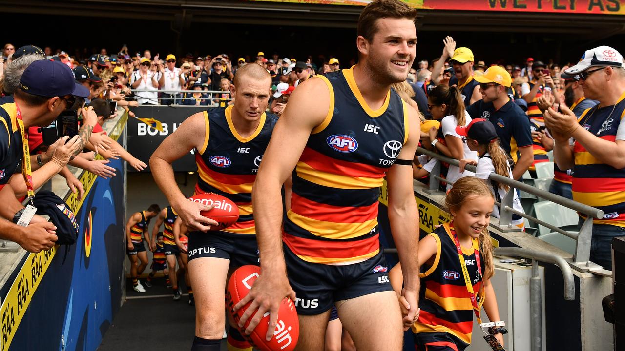 Brad Crouch’s comeback — after having all of Season 2018 wiped out by groin surgery — began on March 23 against Hawthorn ... and three games in, the midfielder has delivered his third-best numbers with 35 disposals against Geelong at Adelaide Oval on Thursday night. Picture: Daniel Kalisz (Getty Images)