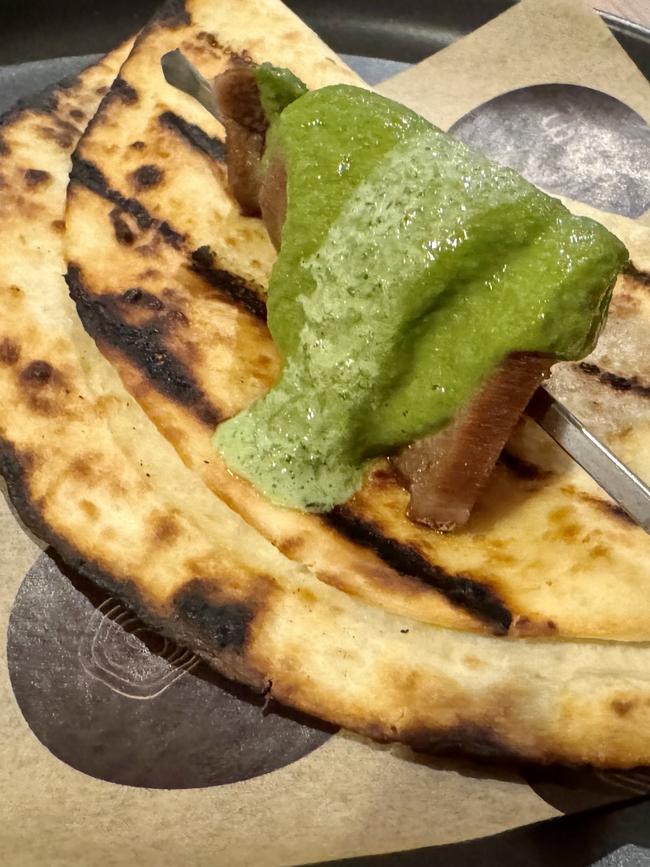 The ox tongue skewer with salsa verde.