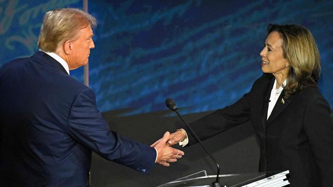 US Vice-President and Democratic presidential candidate Kamala Harris shakes hands with former US President and Republican presidential candidate Donald Trump before the debate. Picture: AFP