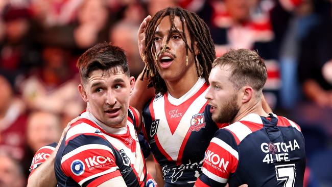 SYDNEY, AUSTRALIA - JULY 27: Dominic Young of the Roosters celebrates with team mates after scoring a try during the round 21 NRL match between Sydney Roosters and Manly Sea Eagles at Allianz Stadium, on July 27, 2024, in Sydney, Australia. (Photo by Brendon Thorne/Getty Images)