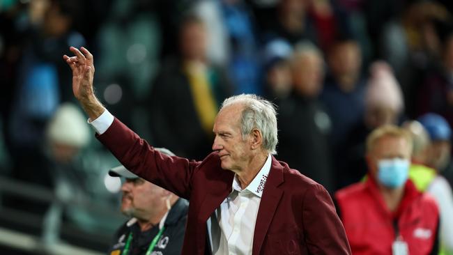 Wayne Bennett waves to Queensland fans after Origin I. Picture: David Hossack/NRL Photos